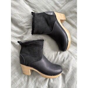 No. 6 Fur Lined High Heel Clog Booties 43 Black Light Wood Foldover US 12/12.5